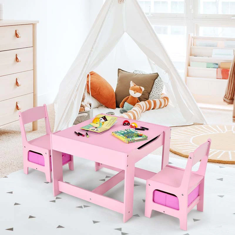 3 In 1 Kids Wood Table Chairs Set With Blackboard Amp Storage Drawers Children Multi Activity Table For Learning Playing Drawing - High Quality Set For Everyday Use