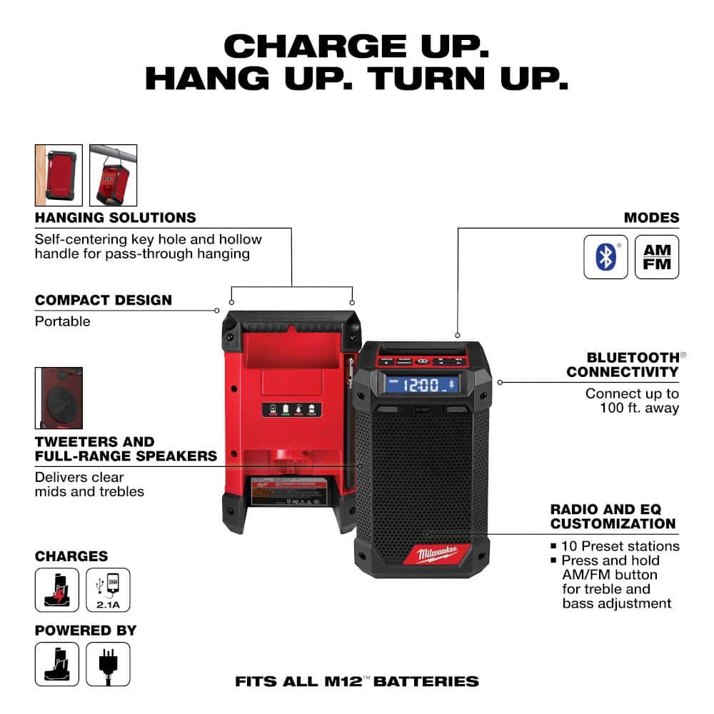 M12 12-Volt Lithium-Ion Cordless Bluetooth/AM/FM Jobsite Radio with Charger with M12 2.0Ah Battery 2951-20-48-11-2420