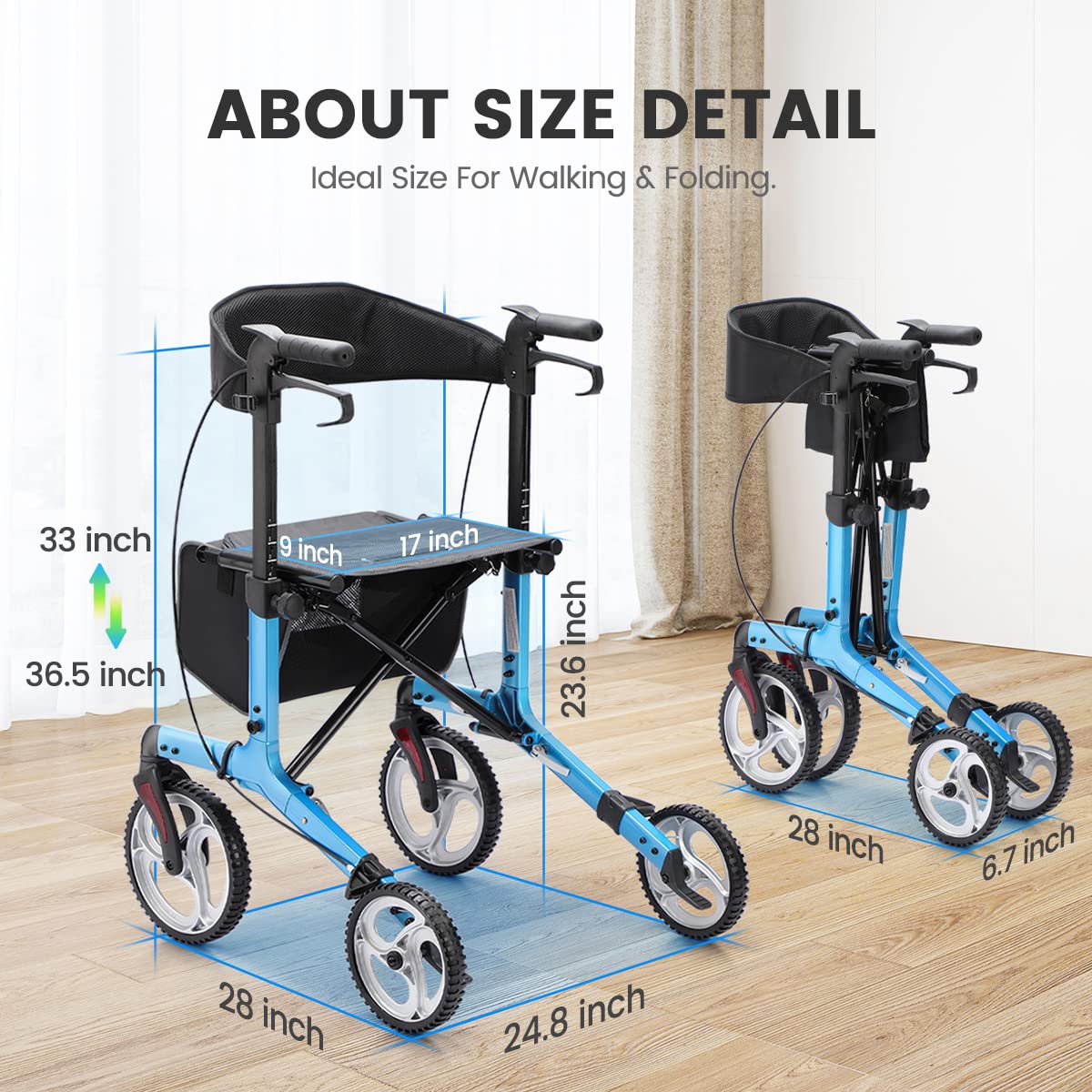 OasisSpace Lightweight Rollator Walker with Seatuff0cBlue Rollator Walker with Seat and Gear Wheels,Walker Supports up 300 lbs,Rolling Walker with Comfort Handles and Thick Backrest (Blue))