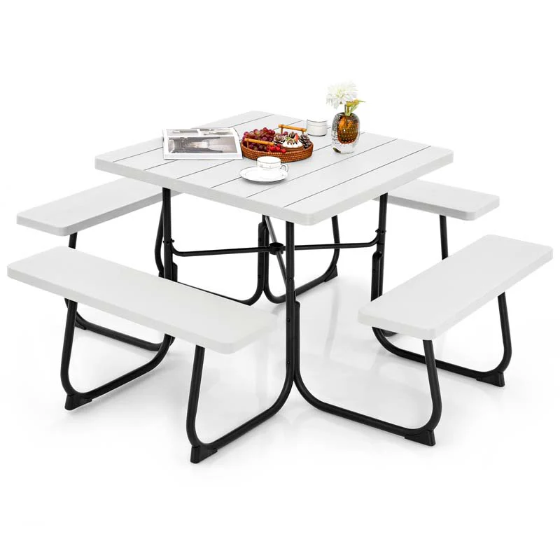 8 Person Hdpe Outside Table Amp Bench Set Outdoor Square Picnic Table With 4 Built In Benches Umbrella Hole Metal Frame - High Quality Set For Everyday Use