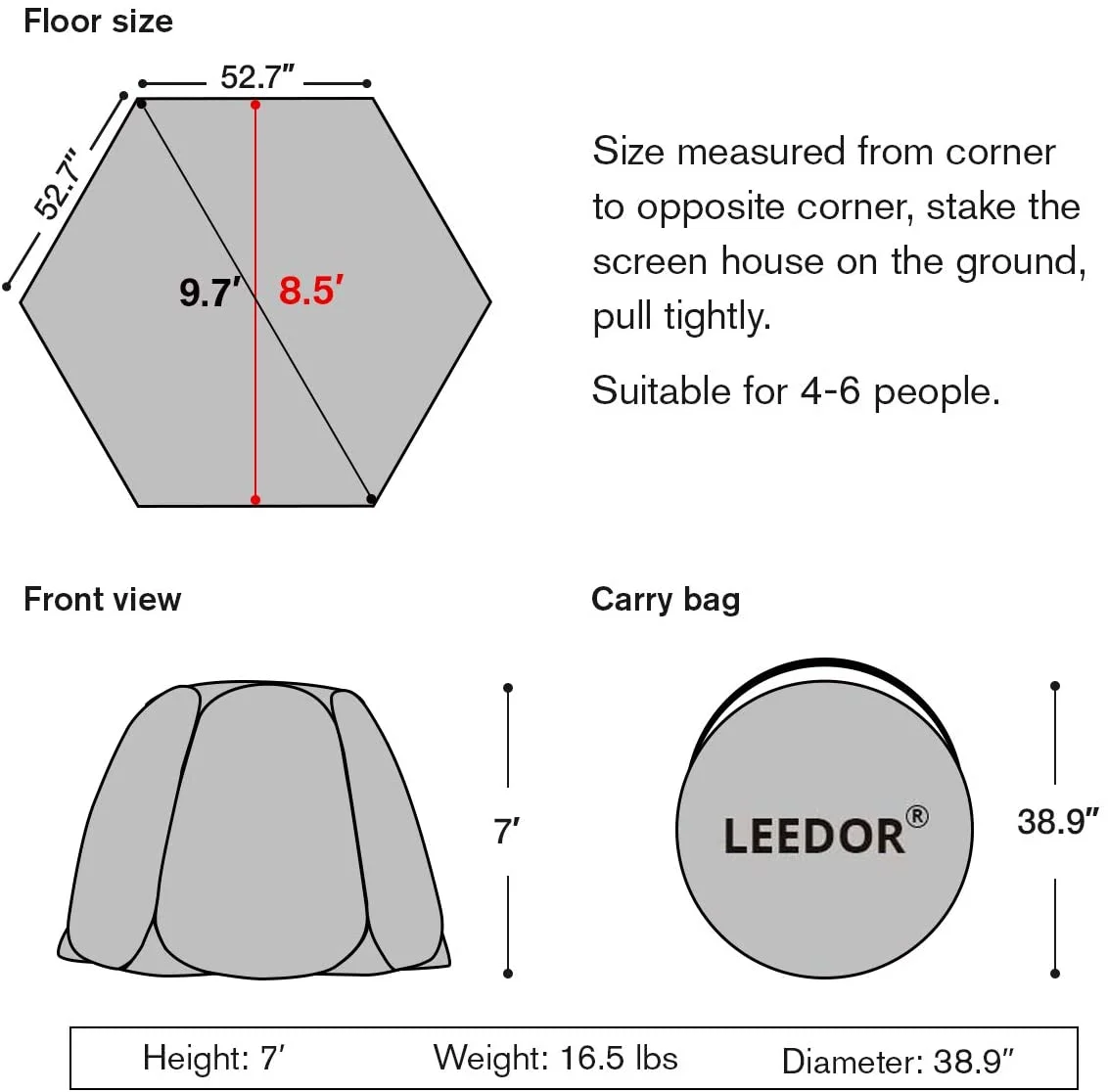 Leedor Screen House Tent Instant Room Shelter Gazebos for Patios Outdoor Canopy 10'x10' Gray