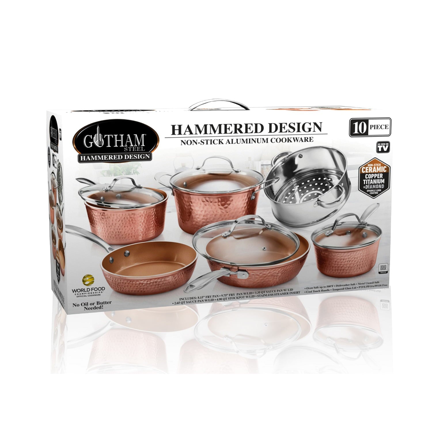 Gotham Steel Hammered 10 Piece Cookware Set, Oven Safe, Dishwasher Safe - Elegant Pots and Pans