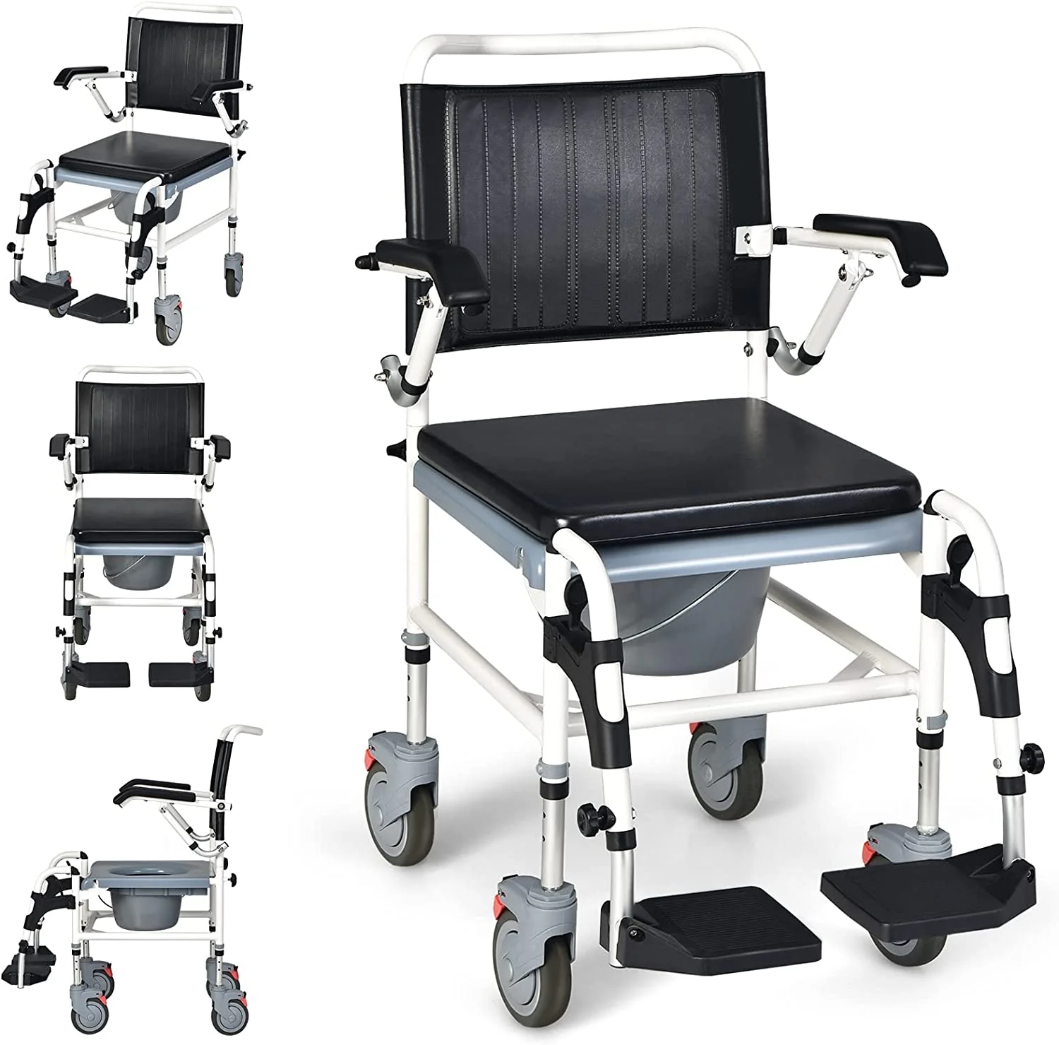 4 In 1 Bedside Commode Chair Shower Wheelchair With Detachable Bucket Padded Mobile Toilet Chair - Comfortable And Ergonomic Design
