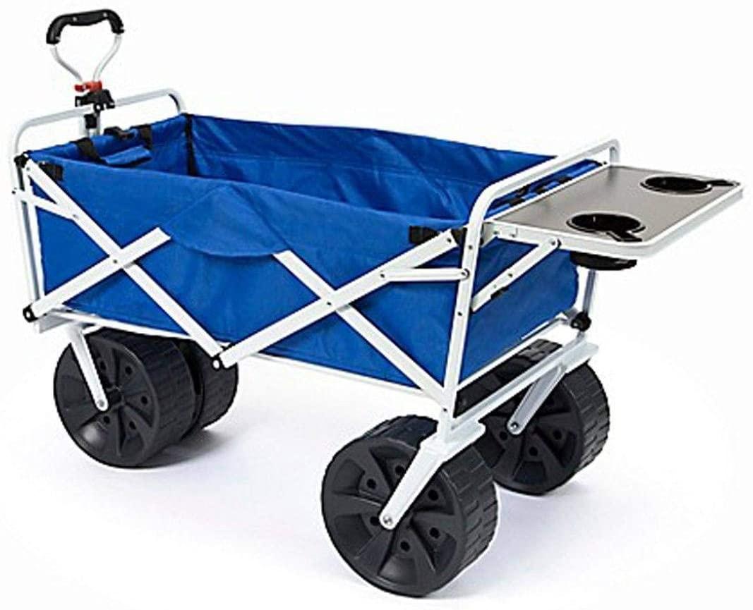 MacSports All Terrain Beach Wagon with Side Table|Heavy Duty Collapsible Folding Cart with Large Wheels for Beach Day, Picnic, Camping, Outdoor Activities | Blue/White