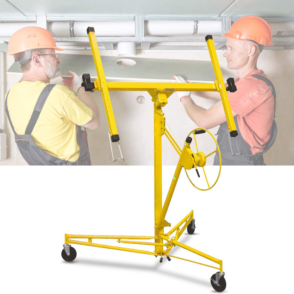 Drywall Lift 11FT Heavy Duty Drywall Panel Hoist Professional Jack Lifter Sturdy Rolling Lockable Caster Wheels Sheetrock Lift Drywall Lift, 150LB Capacity, Yellow