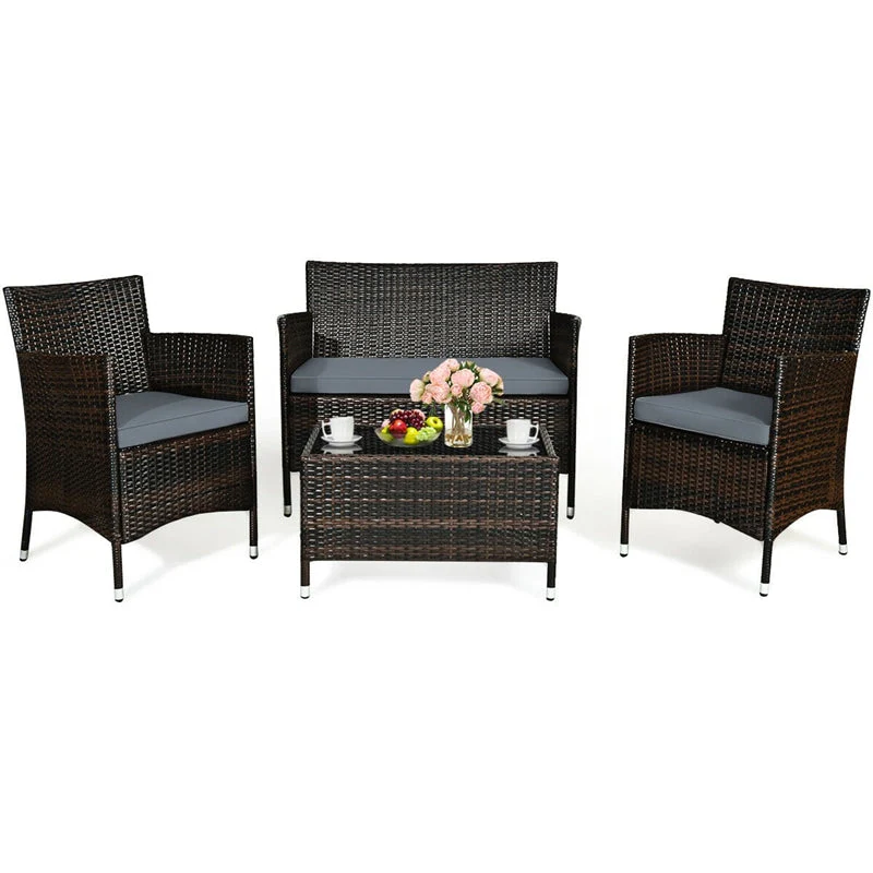 4 Pcs Rattan Wicker Patio Conversation Sets With Loveseat Single Sofas Coffe Table Outdoor Bistro Set - High Quality Set For Everyday Use