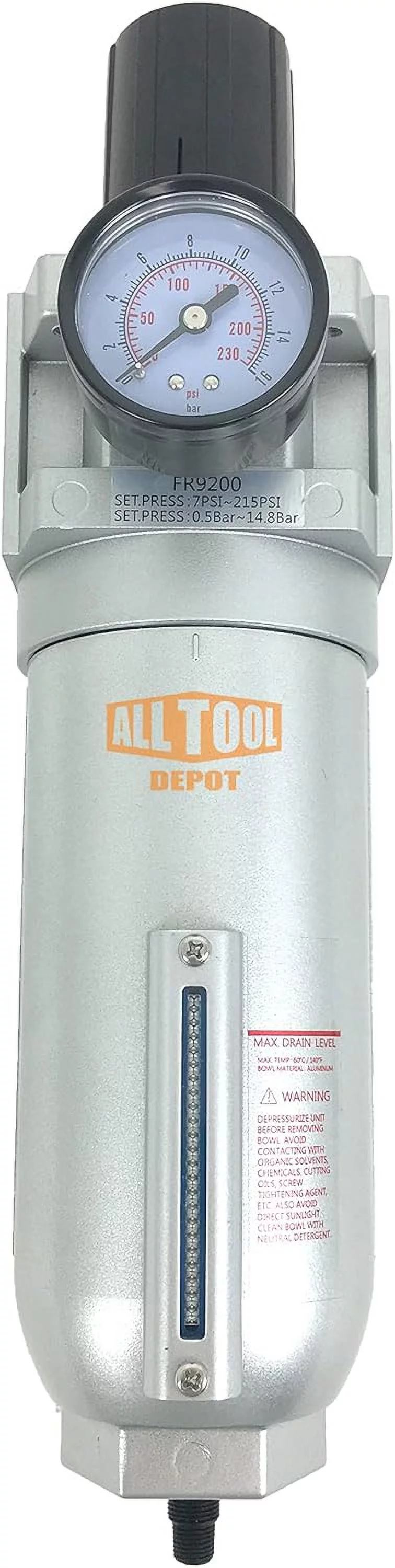 NPT SUPER DUTY Compressed Air In Line Filter Regulator Combo Piggyback, Metal Bowl, 5 Micron , Adjustable From 7 To 175 PSI (AUTO DRAIN)