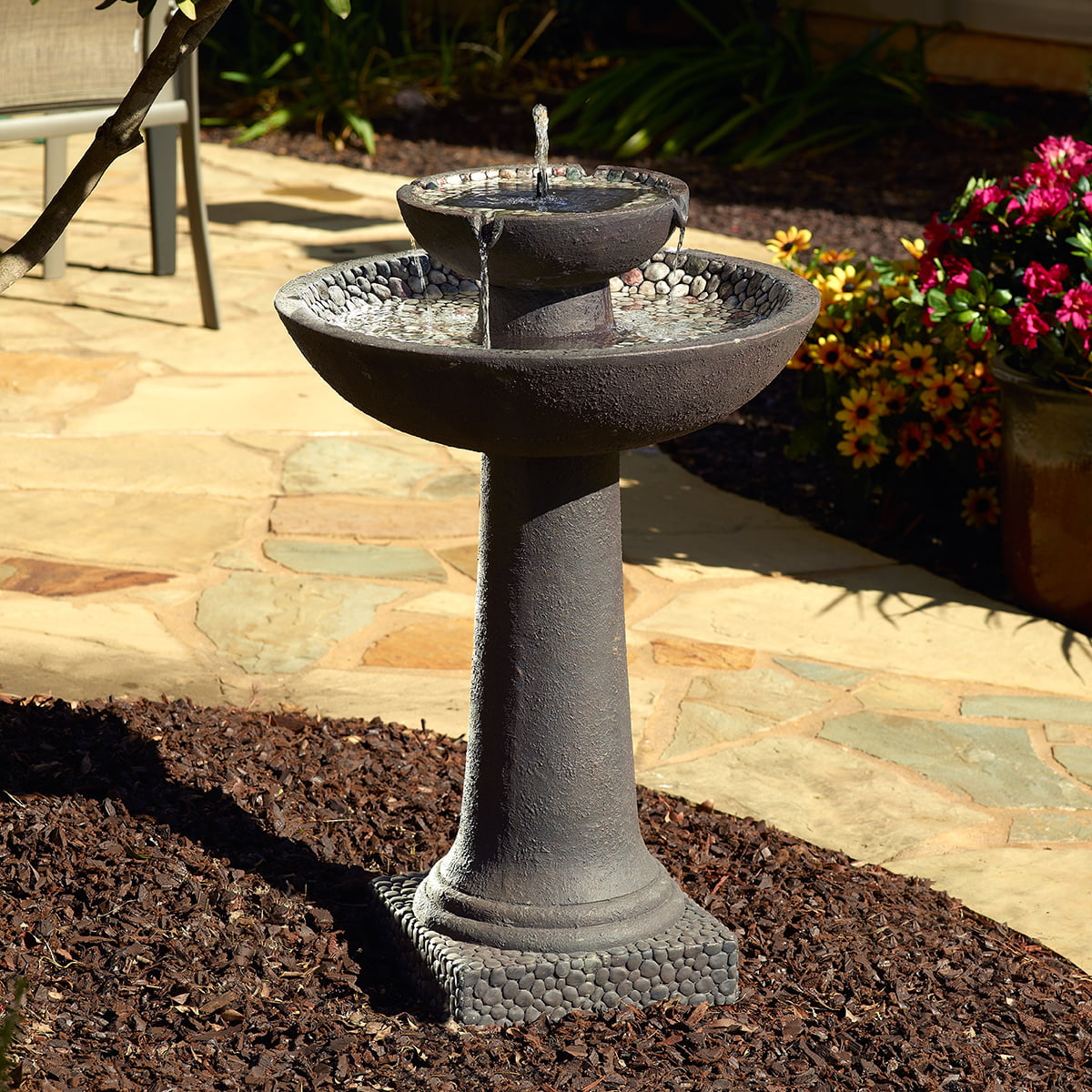 Smart Solar Riverstone 2-Tier Solar Fountain, Brown �C Easy Install, No Wiring, 6-Hour Runtime, GFRC Construction