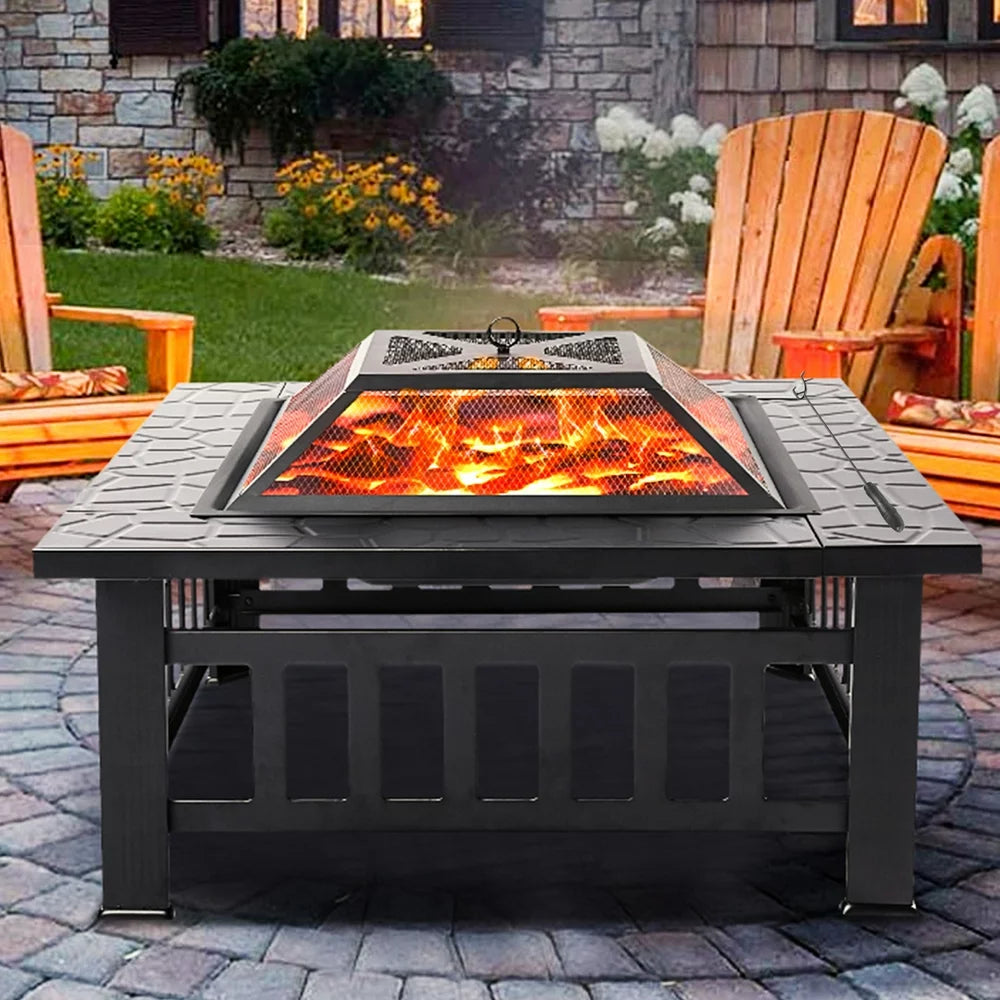 Uhomepro 32" Wood Burning Fire Pit Tables with Screen Lid, Poker, BBQ Net, Ice Tray, Food Clip and Cover