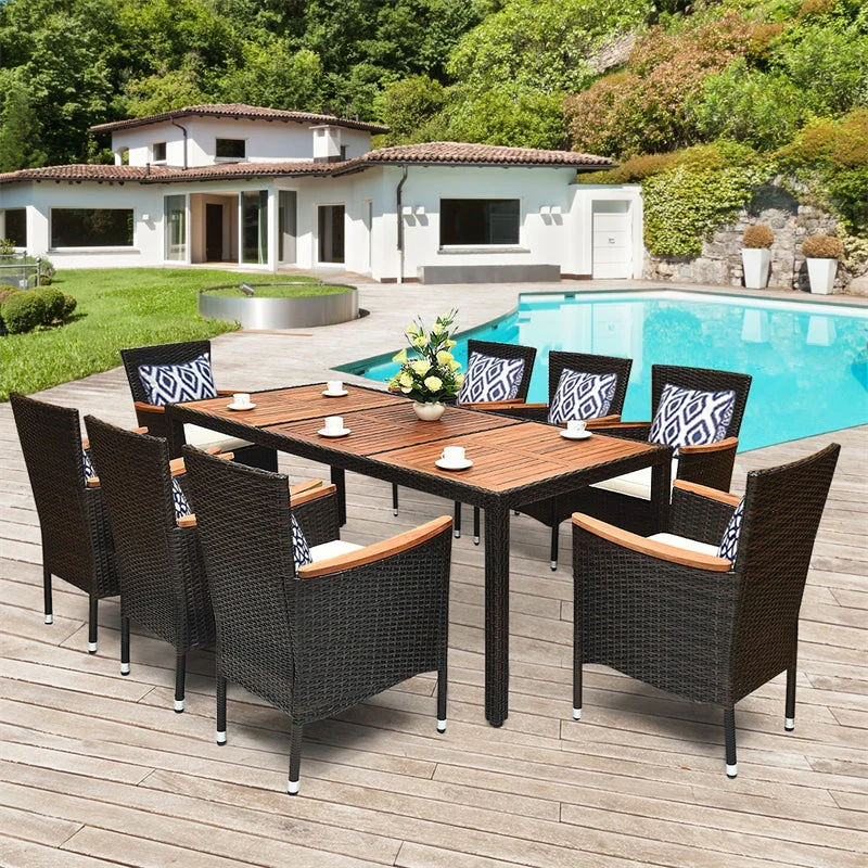 9 Pcs Rattan Patio Dining Set With Acacia Wood Tabletop Amp Cushioned Stackable Armchairs - High Quality Set For Everyday Use