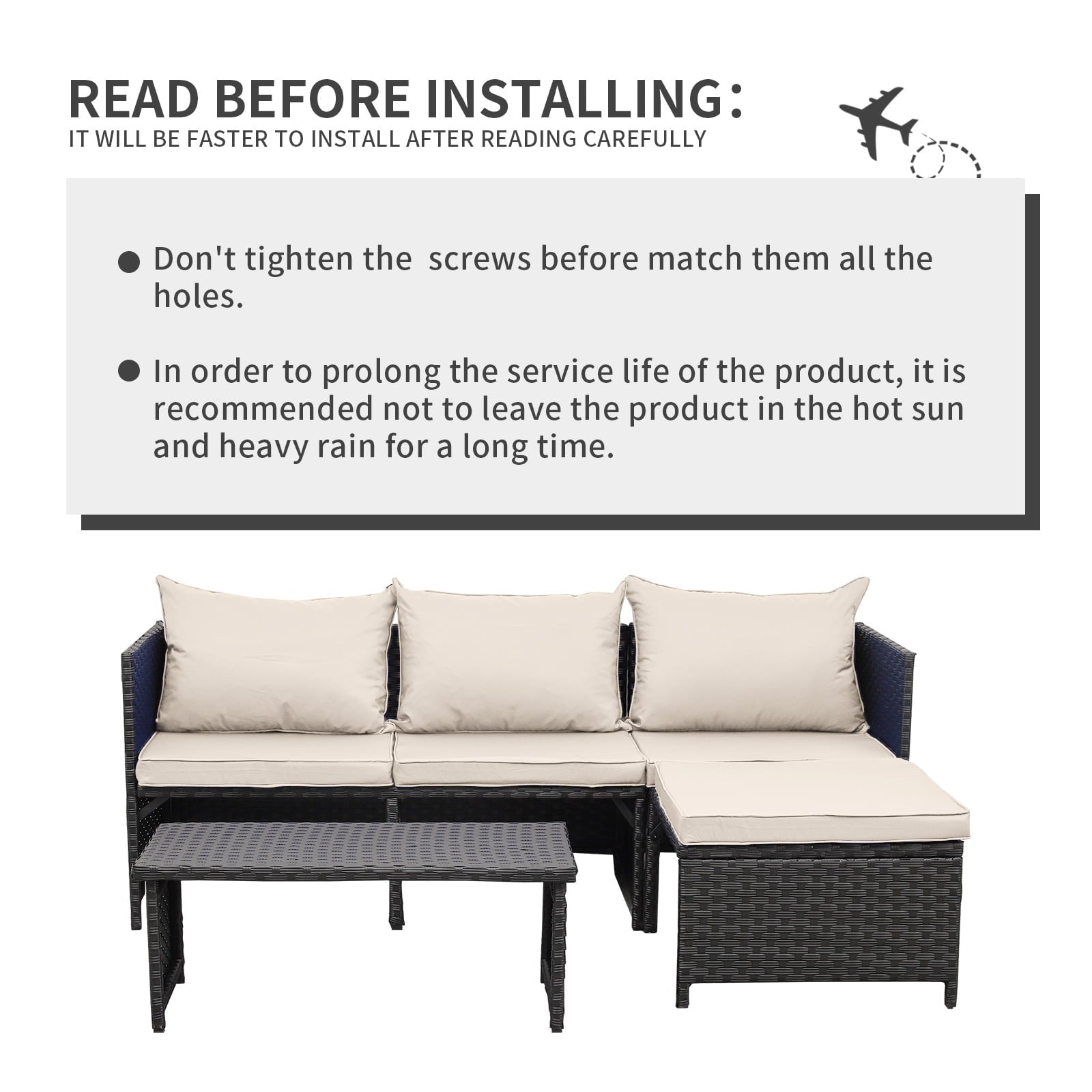 Waroom 3 Pieces Patio Conversation Sets Outdoor Wicker Furniture with Coffee Table,Khaki, Powder Coated Steel