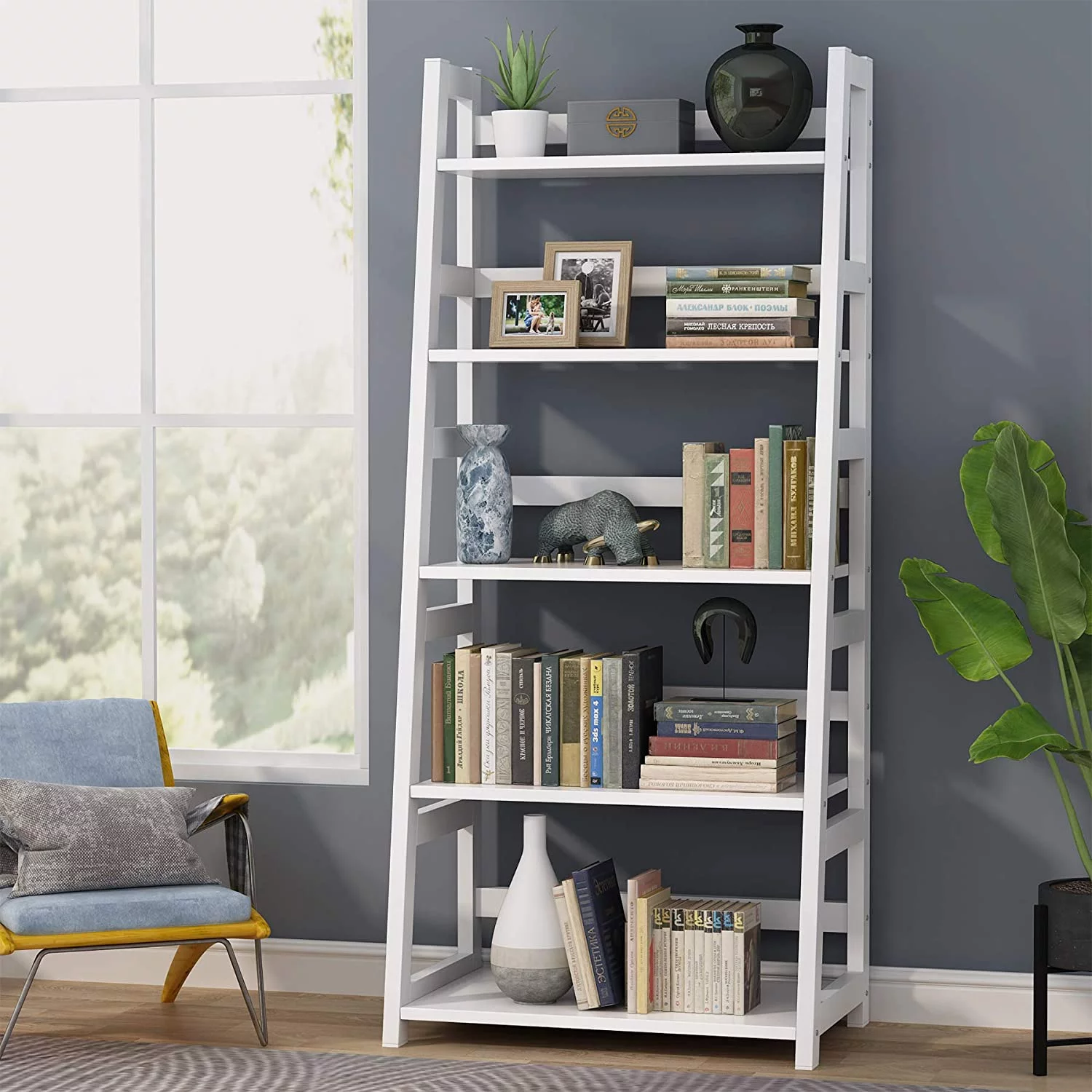 5 Tier Ladder Bookshelf Bookcase, 5 Shelf Ladder Shelves for Living Room Home Office