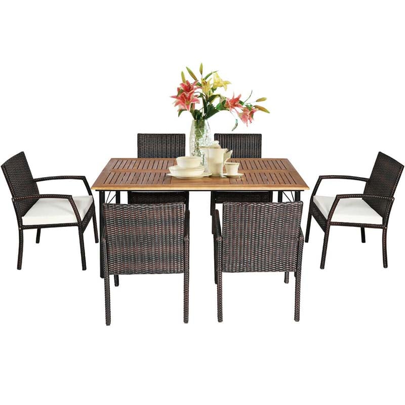 7 Pcs Rattan Patio Dining Set With Umbrella Hole Acacia Wood Tabletop Cushioned Chairs - High Quality Set For Everyday Use