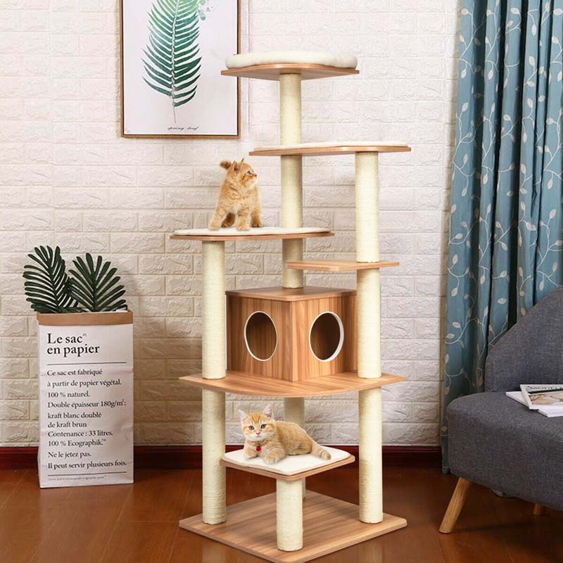 69Quot Tall Cat Activity Tree Wood Multi Layer Large Cat Tower Condo With Scratch Resistant Rope Amp Plush Cushions