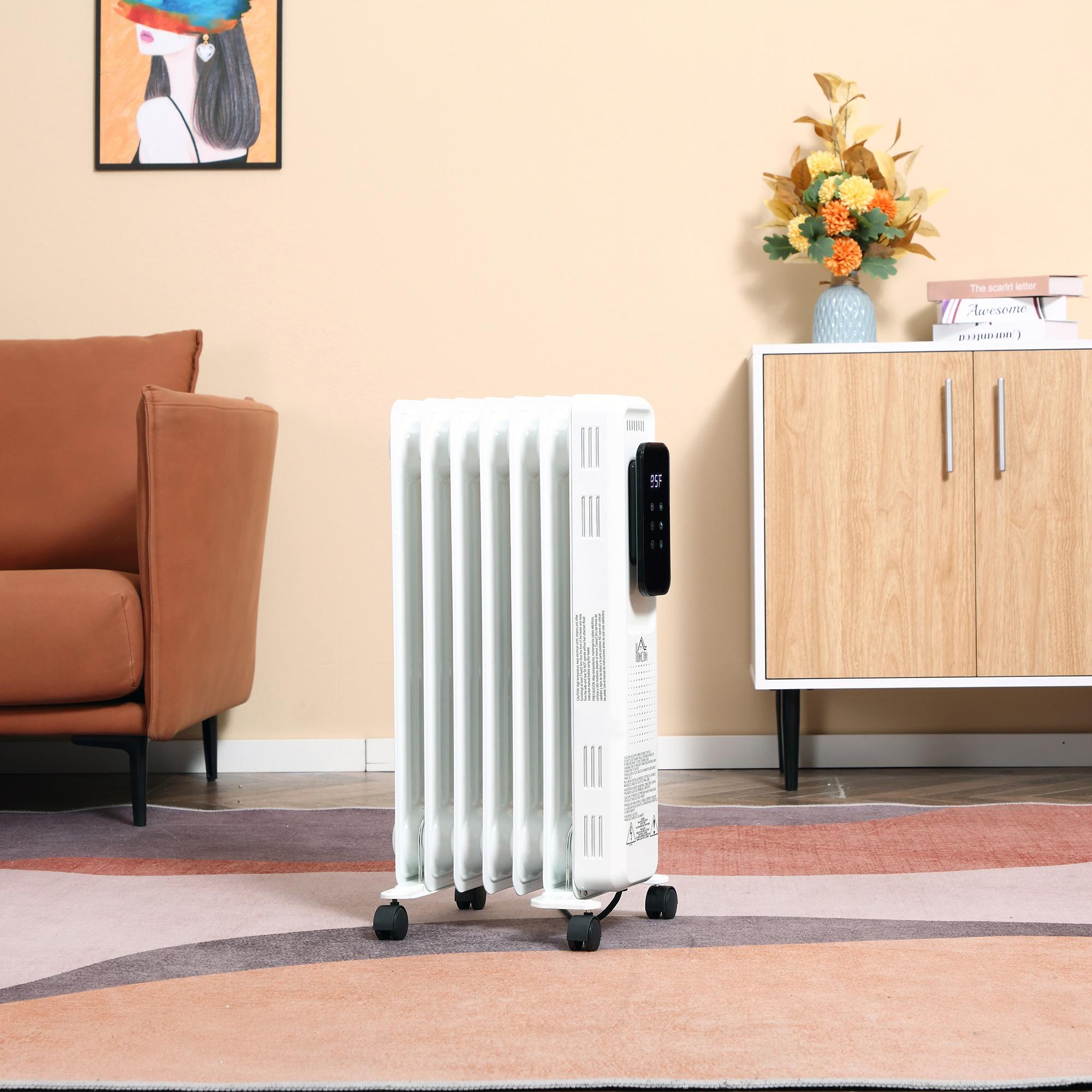Carevas 1500W 7 Fin Oil Filled Radiator Electric Space w/ Remote & Wheels, White