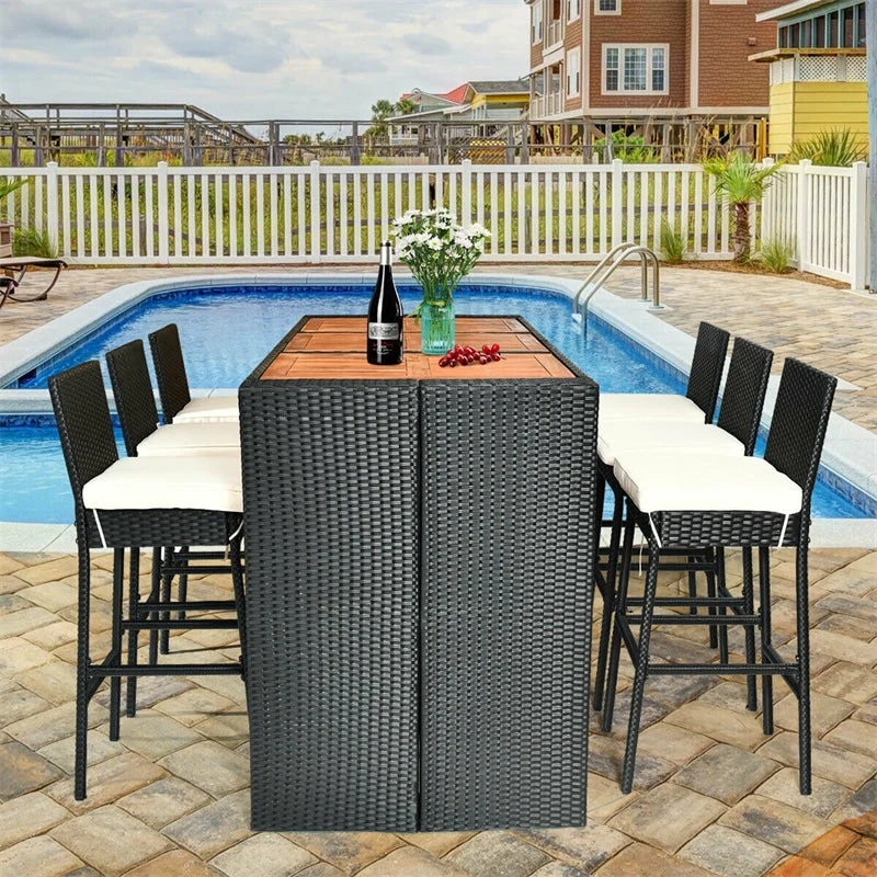 7 Pcs Rattan Patio Bar Set Dining Table Set With Acacia Wood Tabletop Amp Bar Stools Soft Cushions - High Quality Set For Everyday Use