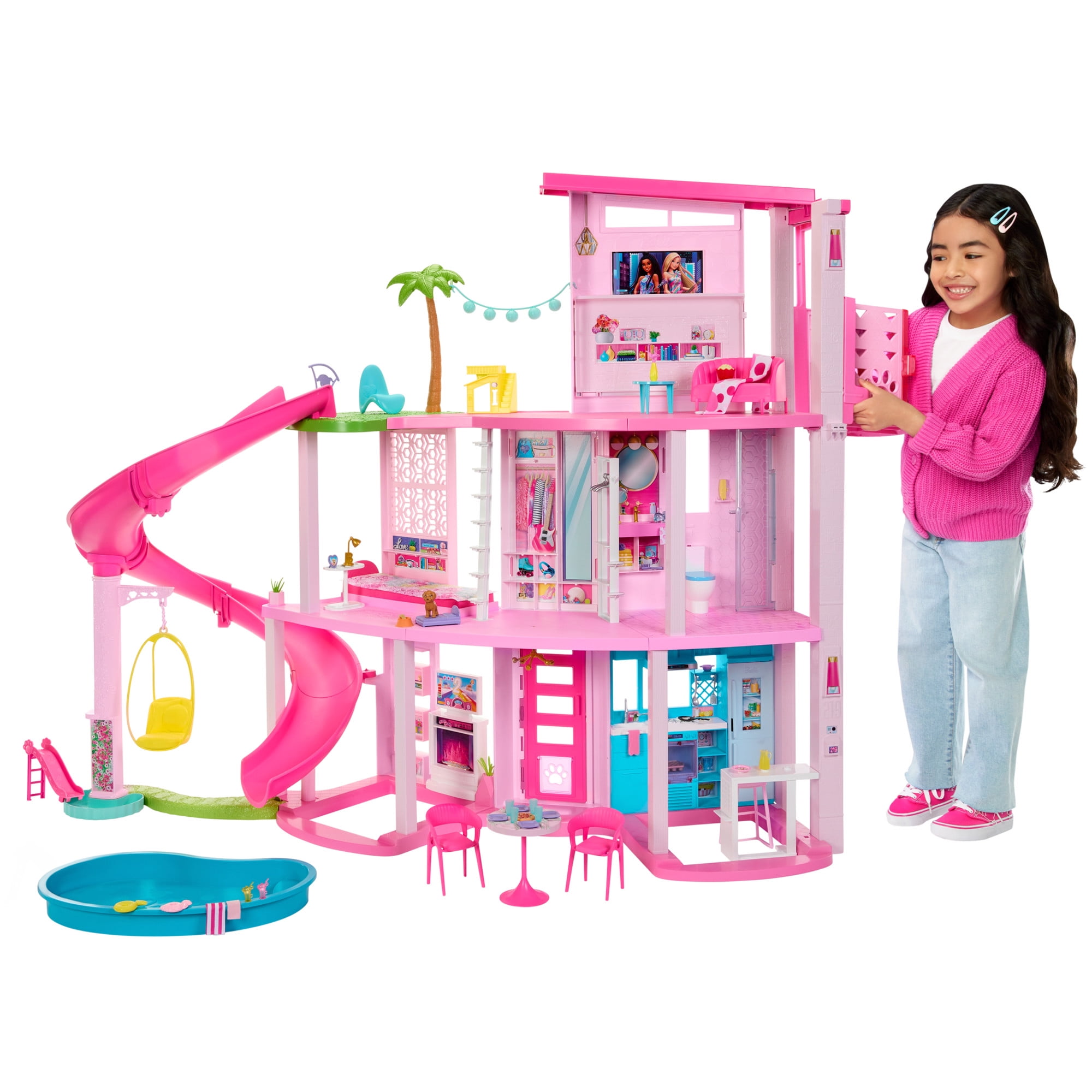 Barbie Dreamhouse Pool Party Playset with 3-Story Slide, 75+ Pieces, and Pet-Friendly Features