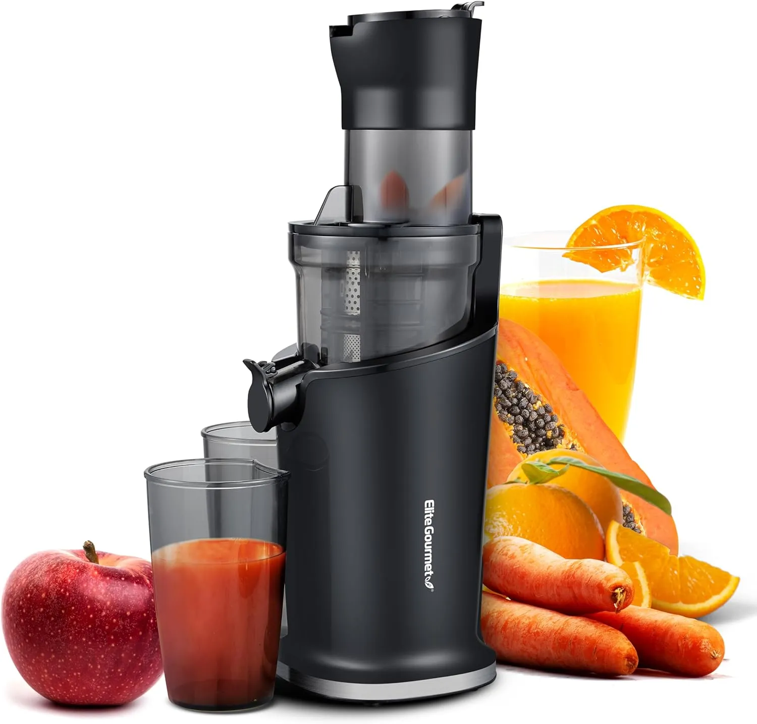 Elite Gourmet EJX320 Big Mouth Whole Fruit 5.2�� Self Feeding Chute, Cold Press Masticating Slow Juice Extractor��Black
