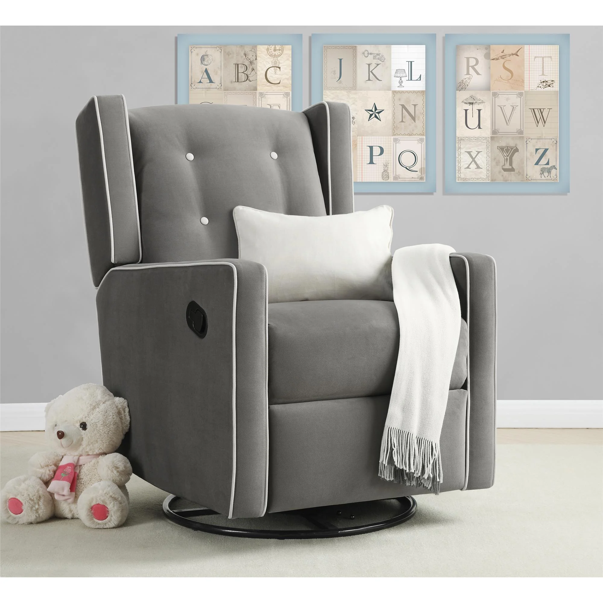 Baby Relax Mikayla 4-in-1 Nursery Swivel Glider Rocker Recliner, Gray Microfiber