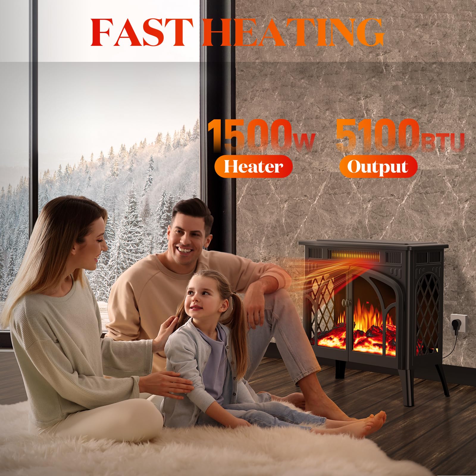 Rintuf Electric Fireplace Heater, 1500W Infrared Fireplace Stove, 5100BTU Electric Fireplace with Remote Control