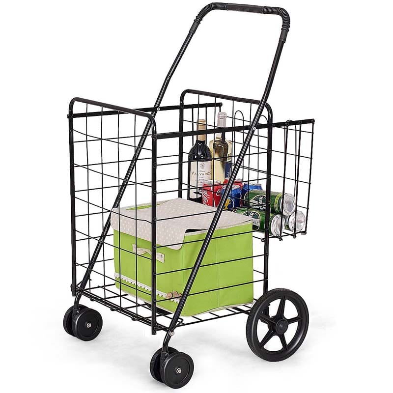 Jumbo Folding Shopping Cart Large Rolling Grocery Utility Cart With Double Basket Amp 360Deg Swivel Wheels