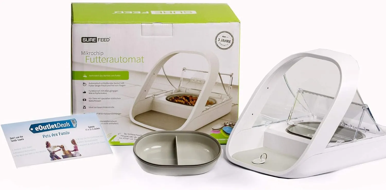 SureFeed Automatic Microchip Pet Feeder for Cats �C Dual Wet & Dry Food Compartments, Lightweight Design, Includes Pet Towel