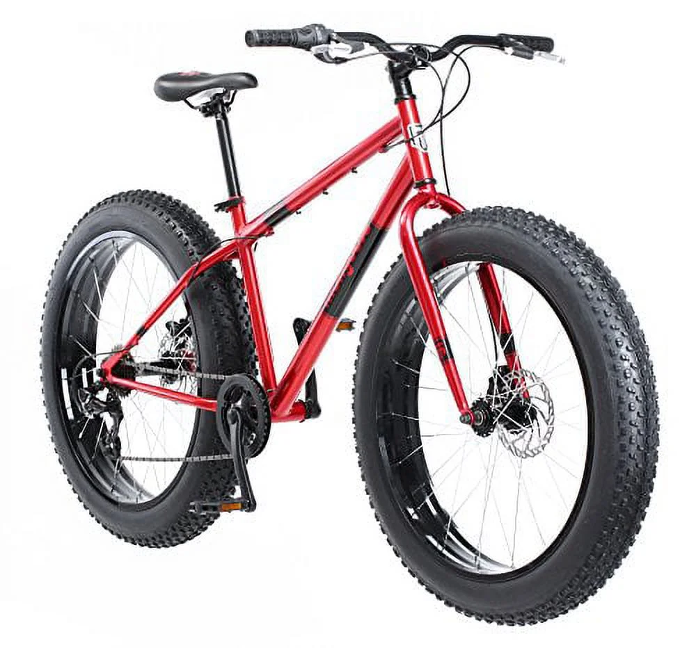 Mongoose Dolomite Men’s Fat Tire Mountain Bike, 26 In. Wheels, 4 In. Wide Knobby Tires, 7-Speed, Steel Frame, Front and Rear Brakes, Red