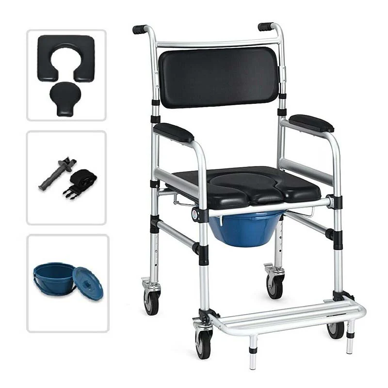 2 In 1 Foldable Shower Commode Wheelchair Aluminum Alloy Transport Chair Toilet Bedside Wheelchair With Commode - Comfortable And Ergonomic Design