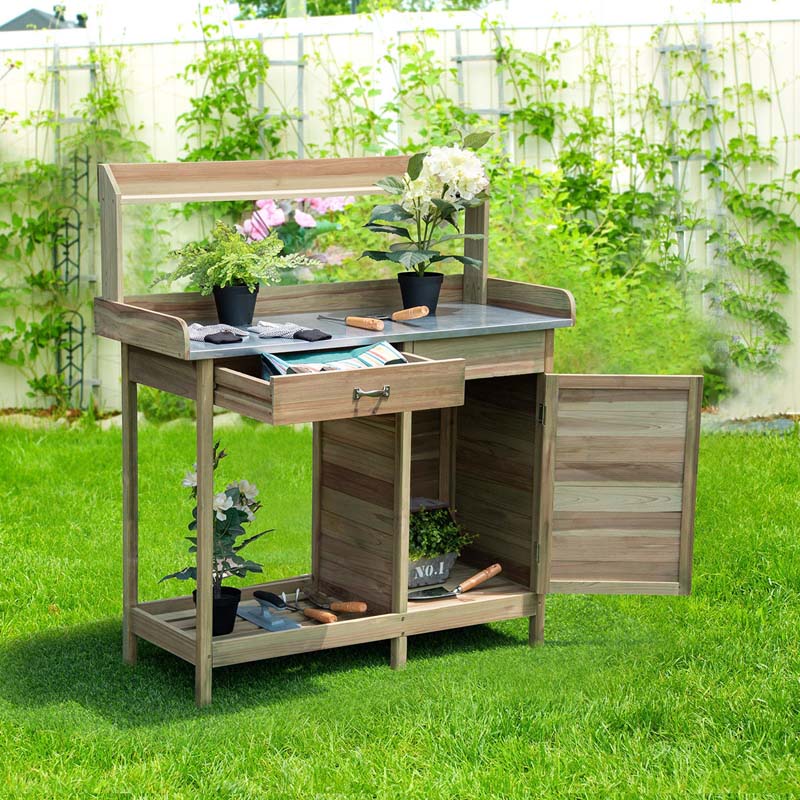 Outdoor Patio Potting Bench Table Rack With Metal Tabletop Big Drawer Amp Removable Shelf Fir Wood Garden Workstation