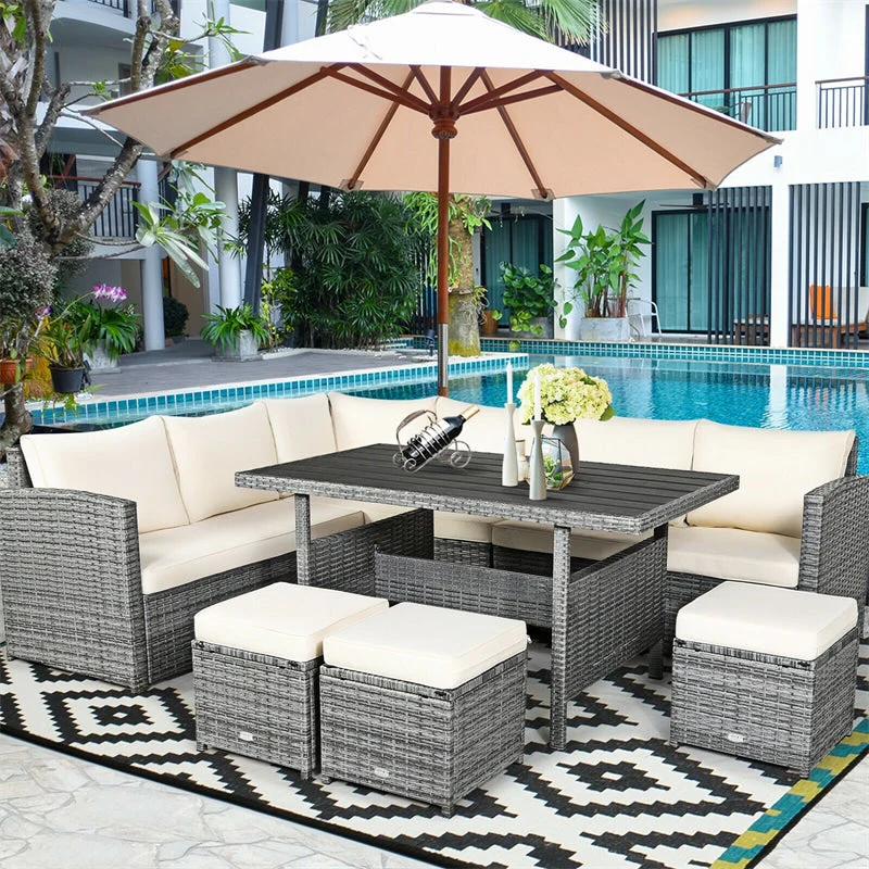 7 Pcs Rattan Patio Dining Furniture Sectional Sofa Set With Dining Table Ottomans Amp Cushions - High Quality Set For Everyday Use