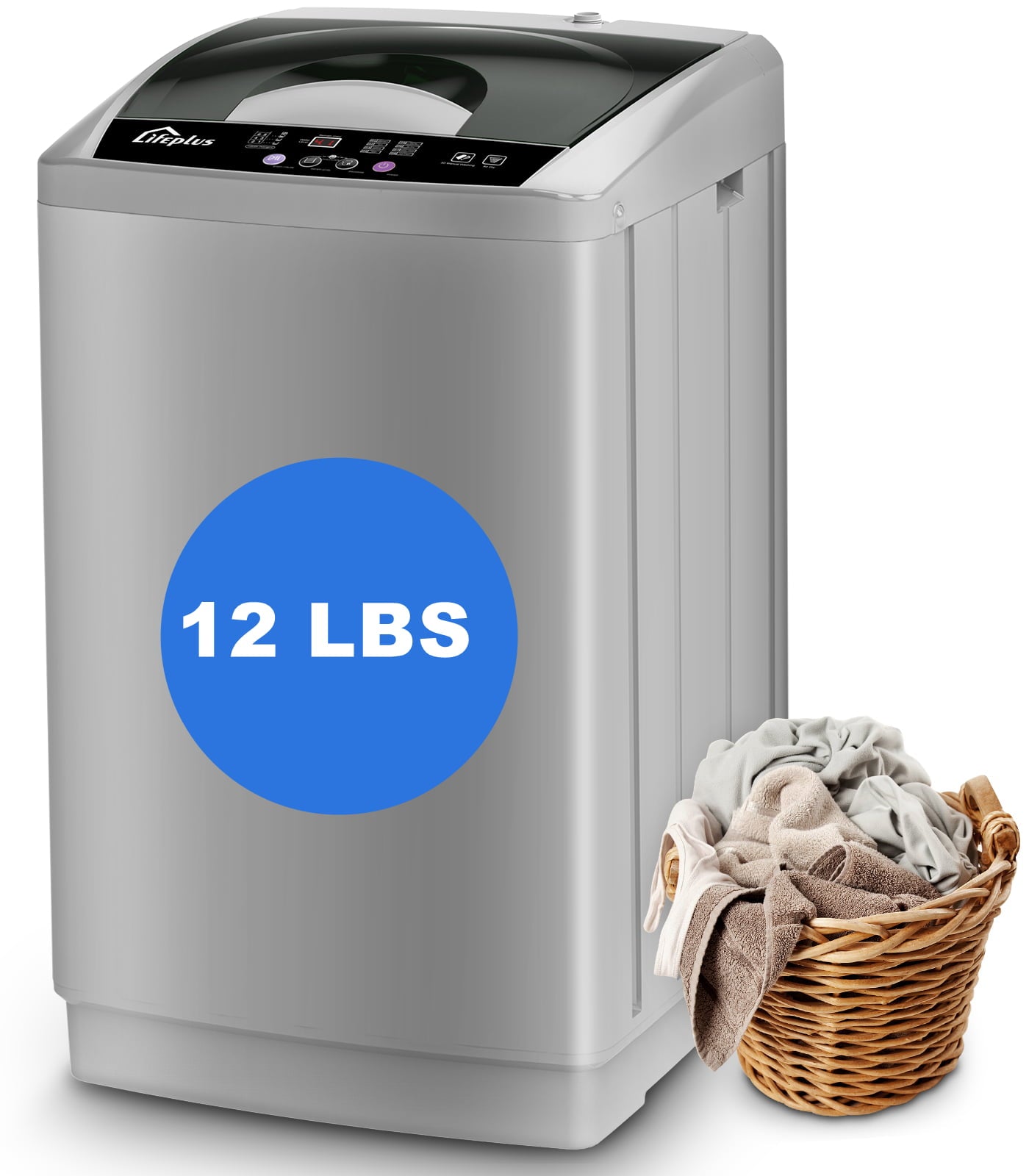 LifePlus 1.8 Cu.ft Full Automatic Portable Washing Machine, 12 lbs Capacity Top Load Pump Drain Compact Size Laundry Washer for Apartment, Gray