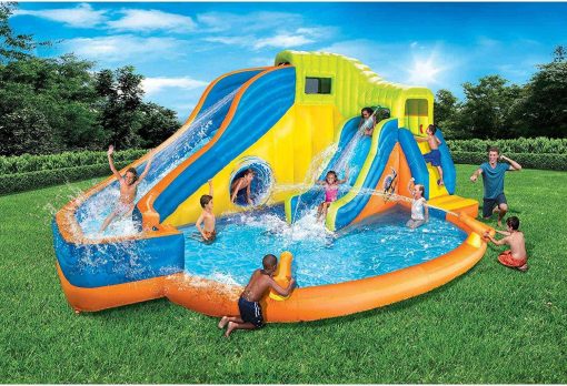 BANZAI Pipeline Twist Kids Inflatable Outdoor Backyard Water Pool Aqua Splash Park and Slides with Climbing Wall, Water Cannons, & Clubhouse, Ages 5