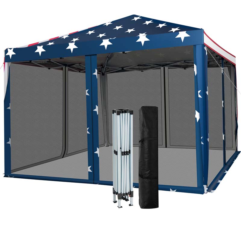 10 X 10 Ft Pop Up Canopy Tent With Carry Bag Amp Netting American Flag Printing Outdoor Gazebo