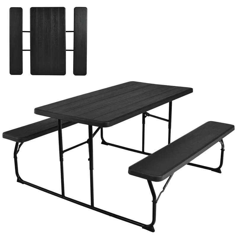 4 Person Folding Picnic Table Bench Set With Wood Like Texture Amp Metal Frame Portable Outdoor Camping Dining Table Set - High Quality Set For Everyday Use