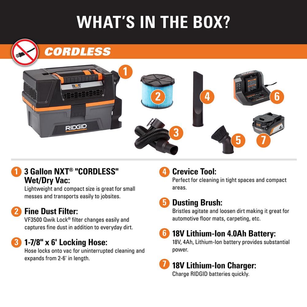 3 Gal. 18-Volt Cordless Handheld NXT Wet/Dry Vacuum with Battery, Charger, Fine Dust Filter, Hose and Accessories HD0320