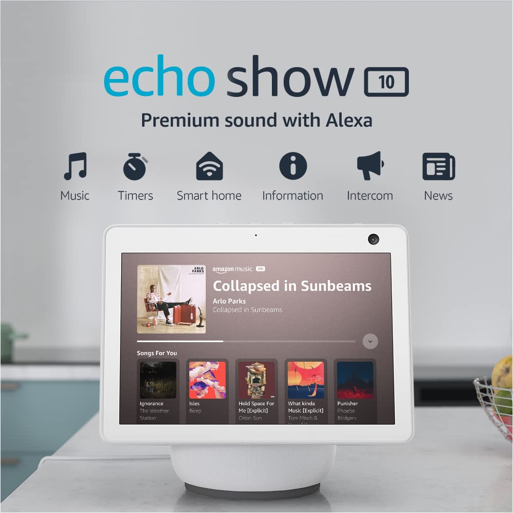 Echo Show 10 (3rd Gen) | HD smart display with premium sound, motion and Alexa | Glacier White