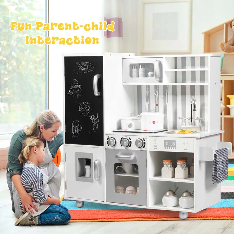 Wooden Kids Kitchen Playset With Simulated Sound Chalkboard Water Dispenser Utensils Little Chef Pretend Play Kitchen Toy Set Gift - High Quality Set For Everyday Use
