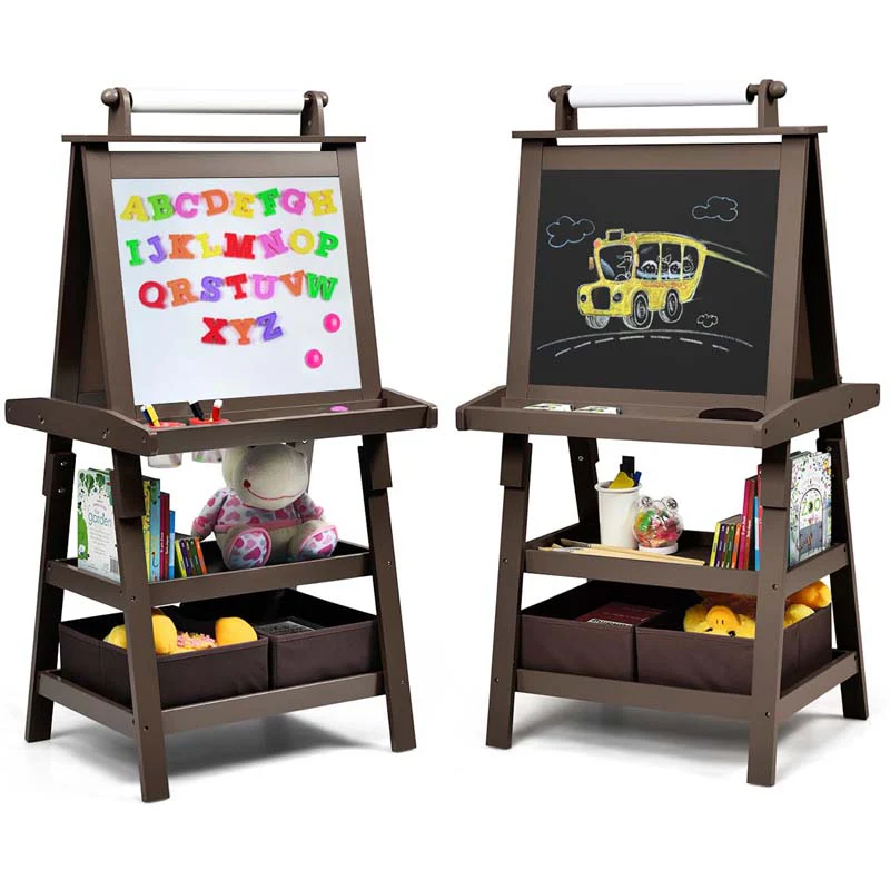 3 In 1 Double Sided Kids Art Easel Wooden Storage Toddler Easel With Magnetic White Board Amp Chalkboard Paper Roll Painting Dry Erase