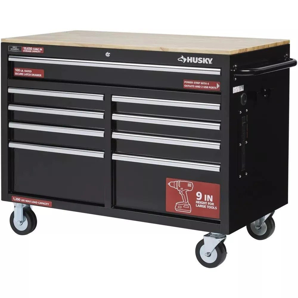 Gloss Black 46��� 9-Drawer Mobile Tool Chest Workbench with Power Strip & Solid Wood Top