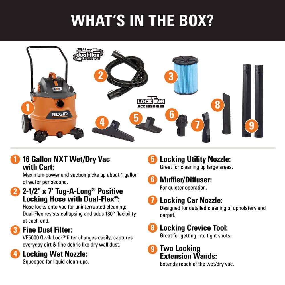 16 Gallon 6.5 Peak HP NXT Wet/Dry Shop Vacuum with Cart, Fine Dust Filter, Locking Hose and Accessories HD1800