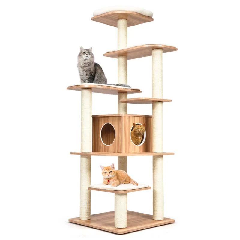 69Quot Tall Cat Activity Tree Wood Multi Layer Large Cat Tower Condo With Scratch Resistant Rope Amp Plush Cushions