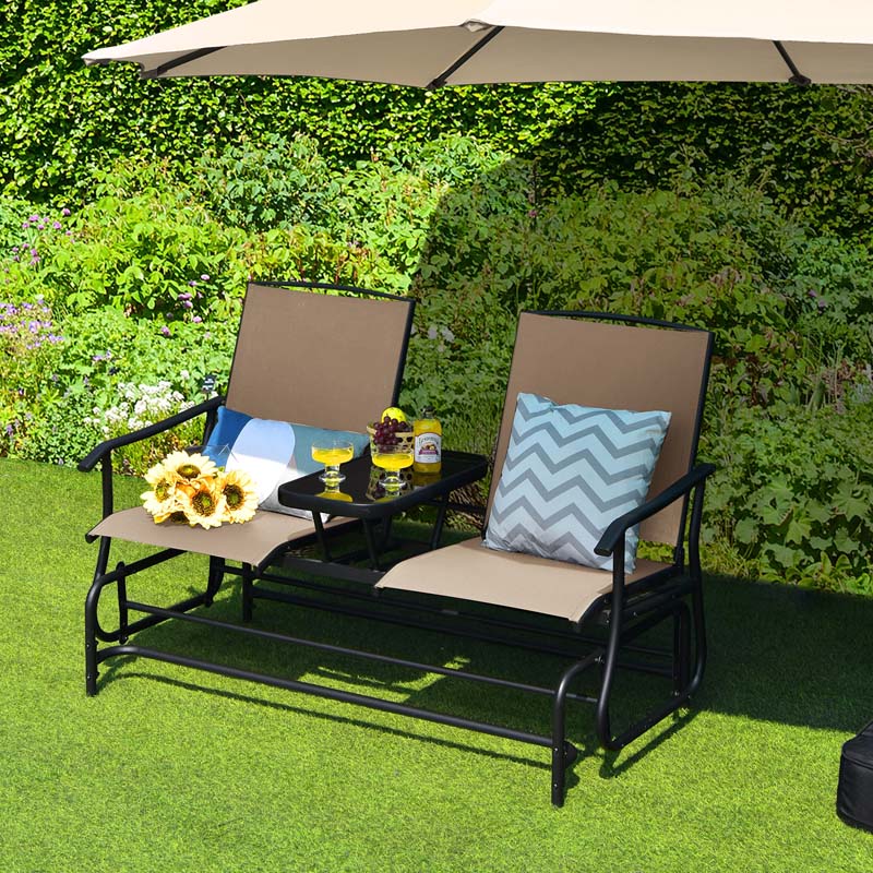 2 Person Outdoor Bench Glider Chair With Center Table Mesh Fabric Rocking Loveseat For Patio - Comfortable And Ergonomic Design