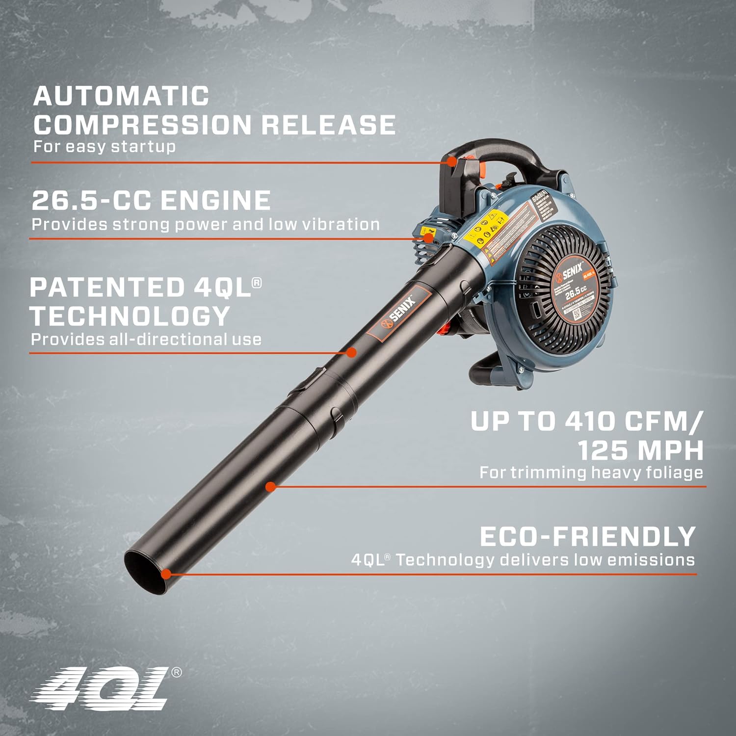 4QL 26.5 cc 4 Cycle Handheld Gas Leaf Blower, Up to 410 CFM and 125 MPH, Easy Start, Lightweight, Dual Grip Handle (BL4QL L)
