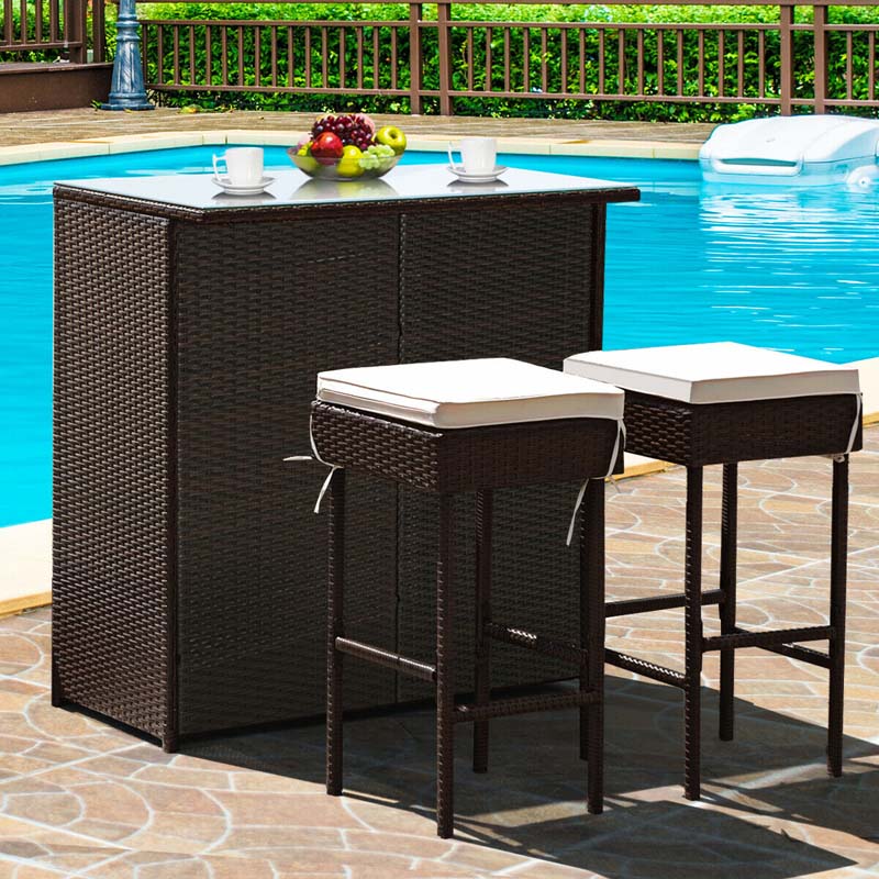 3 Pcs Rattan Patio Bar Dining Set Outdoor Counter Height Table Set With Cushioned Stools Amp Glass Top Table - High Quality Set For Everyday Use
