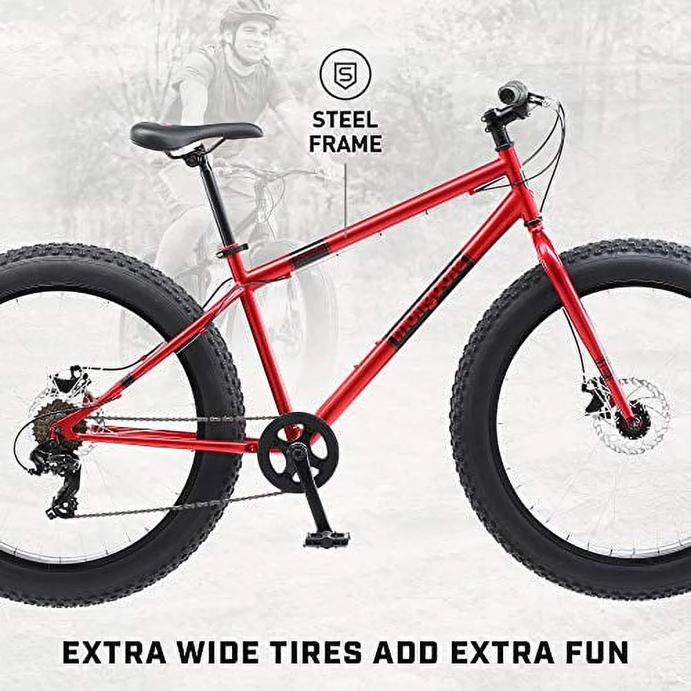 Mongoose Dolomite Men’s Fat Tire Mountain Bike, 26 In. Wheels, 4 In. Wide Knobby Tires, 7-Speed, Steel Frame, Front and Rear Brakes, Red