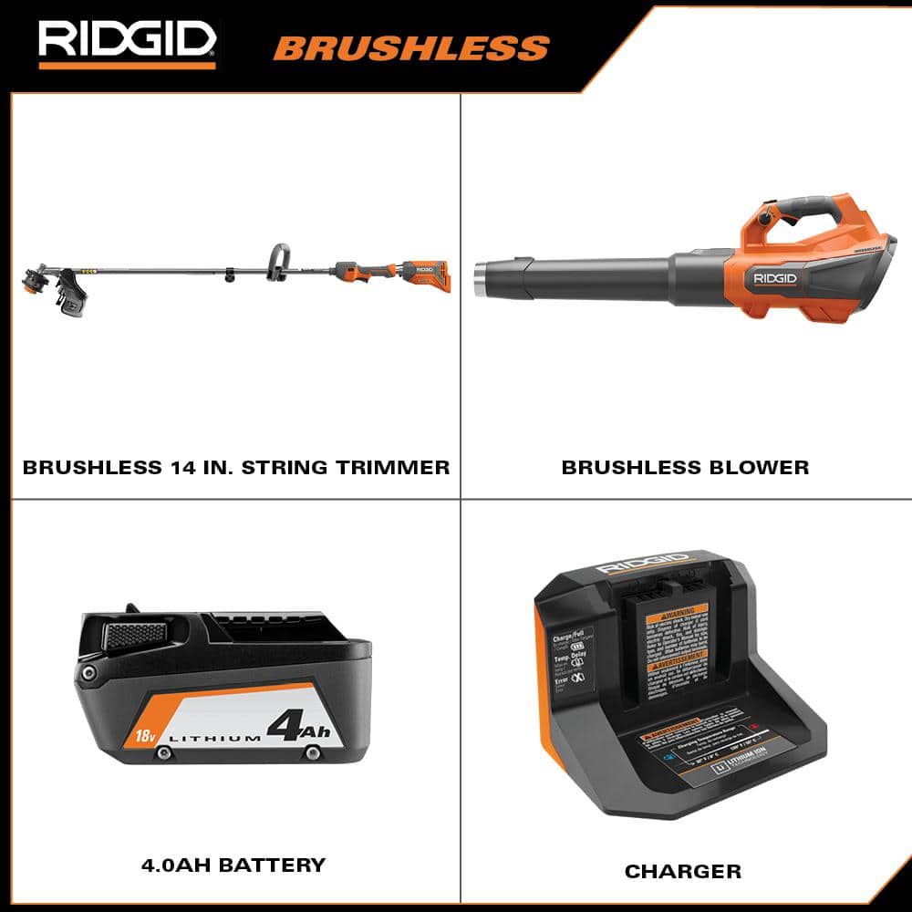 18V Brushless 14 in. Cordless Battery String Trimmer and Leaf Blower 2-Tool Combo Kit with 4.0 Ah Battery and Charger R019001