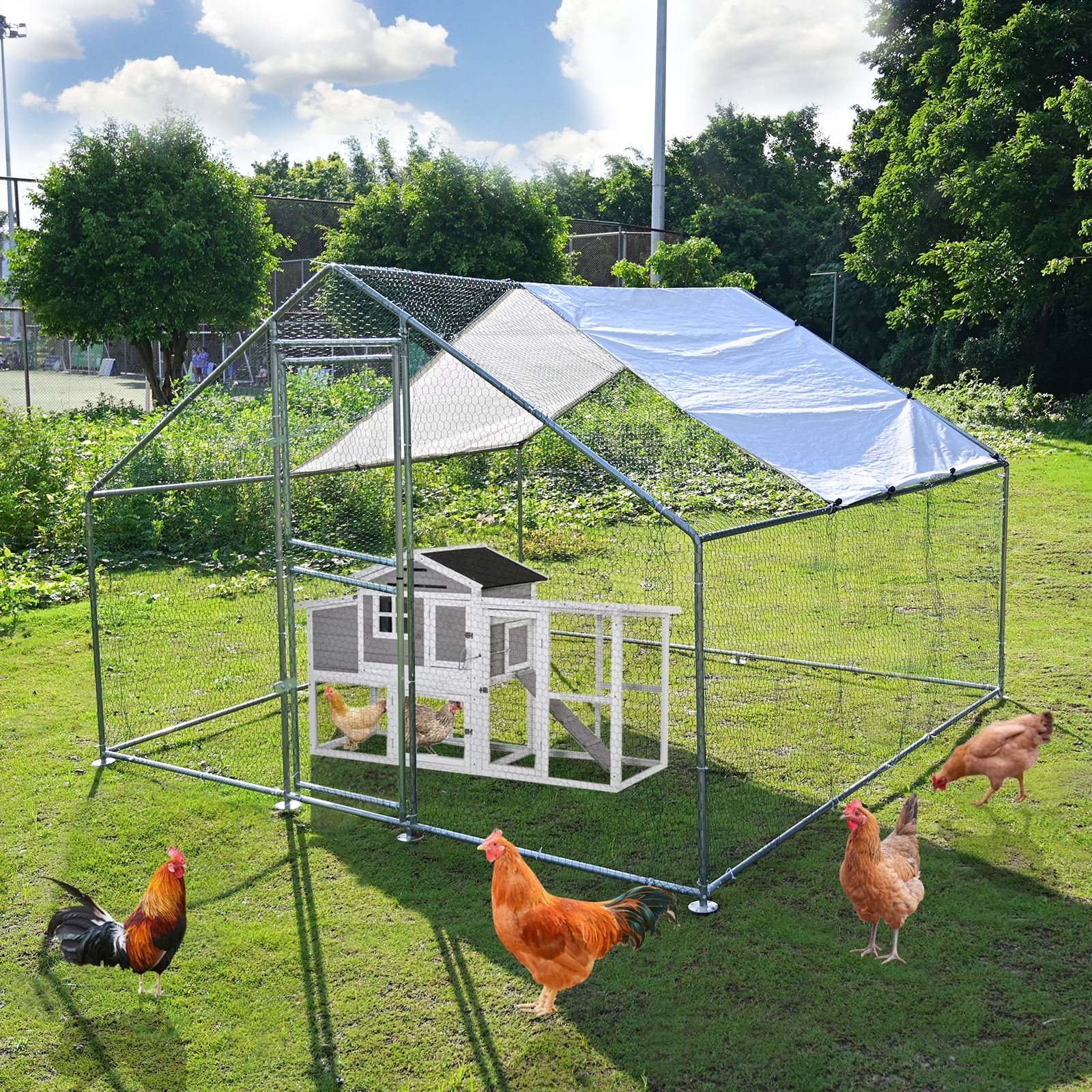 Kkonetoy 10 X 10 X 6.6ft Large Metal Chicken Coops, Outdoor Duck Walk in Run Poultry Cage, Walk in Hen House& with Waterproof Cover