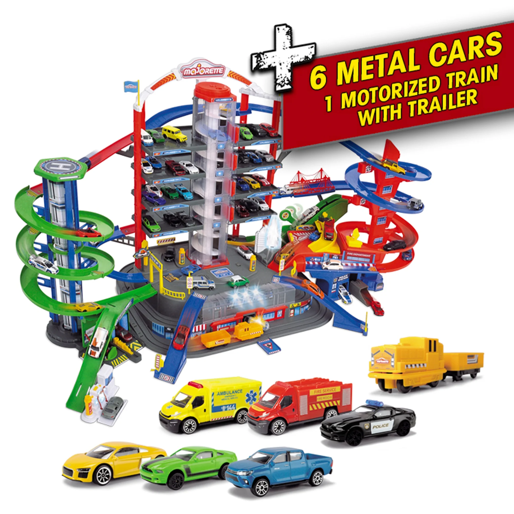 Dickie Toys - Majorette Super City Garage Playset with 6 Die-Cast Play Cars, Kids Age 5+