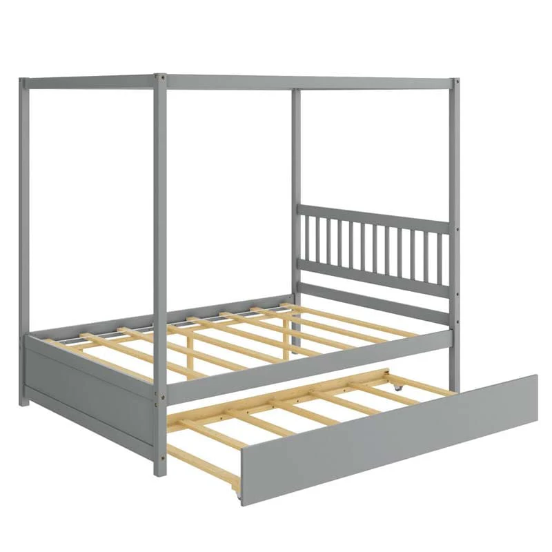 Full Size Canopy Bed With Trundle Solid Wood Platform Bed Frame With Headboard Full Bed For Kids Teens Adults