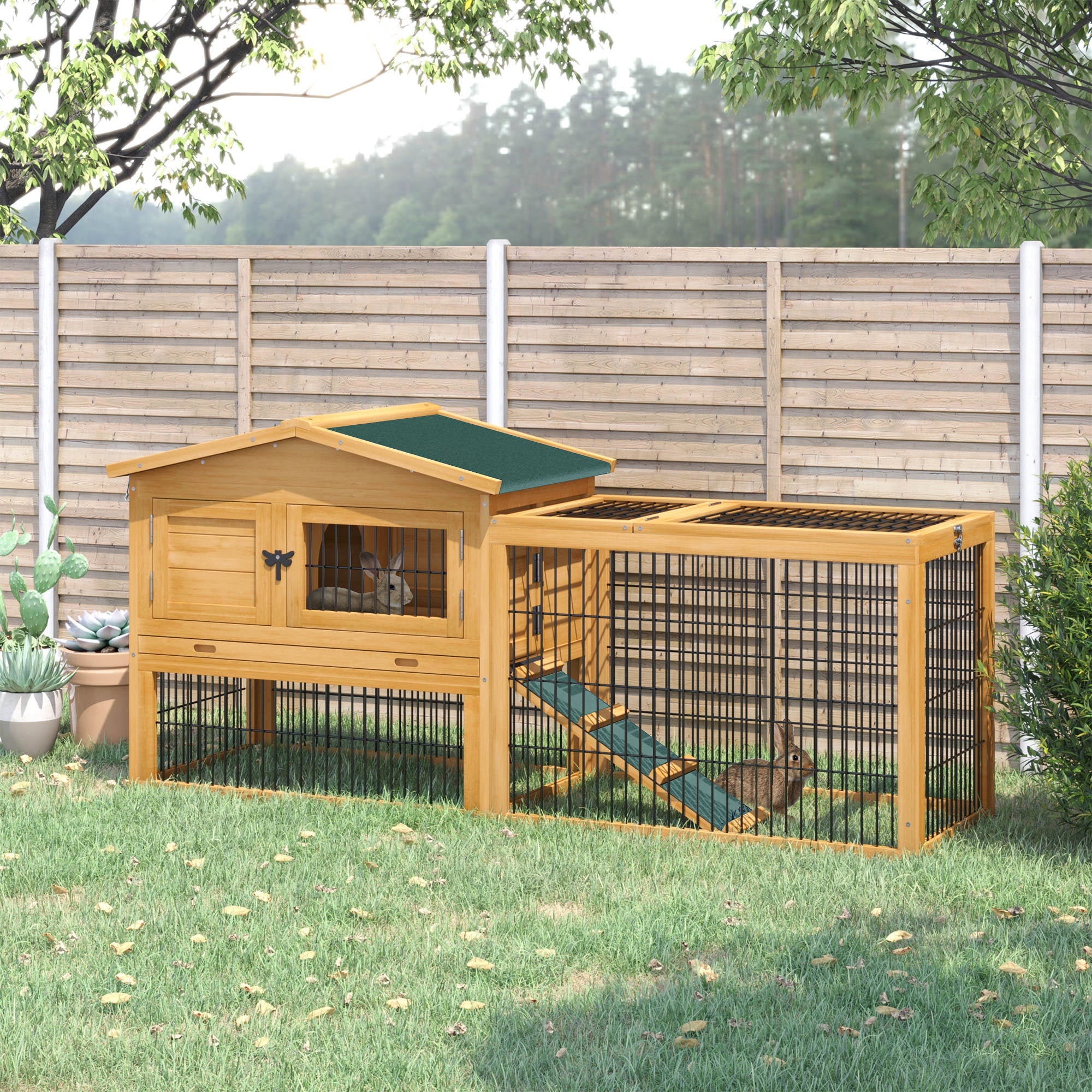 Pawhut Solid Wood Rabbit Hutch with 2 House Levels and Patio Space, Easy Clean